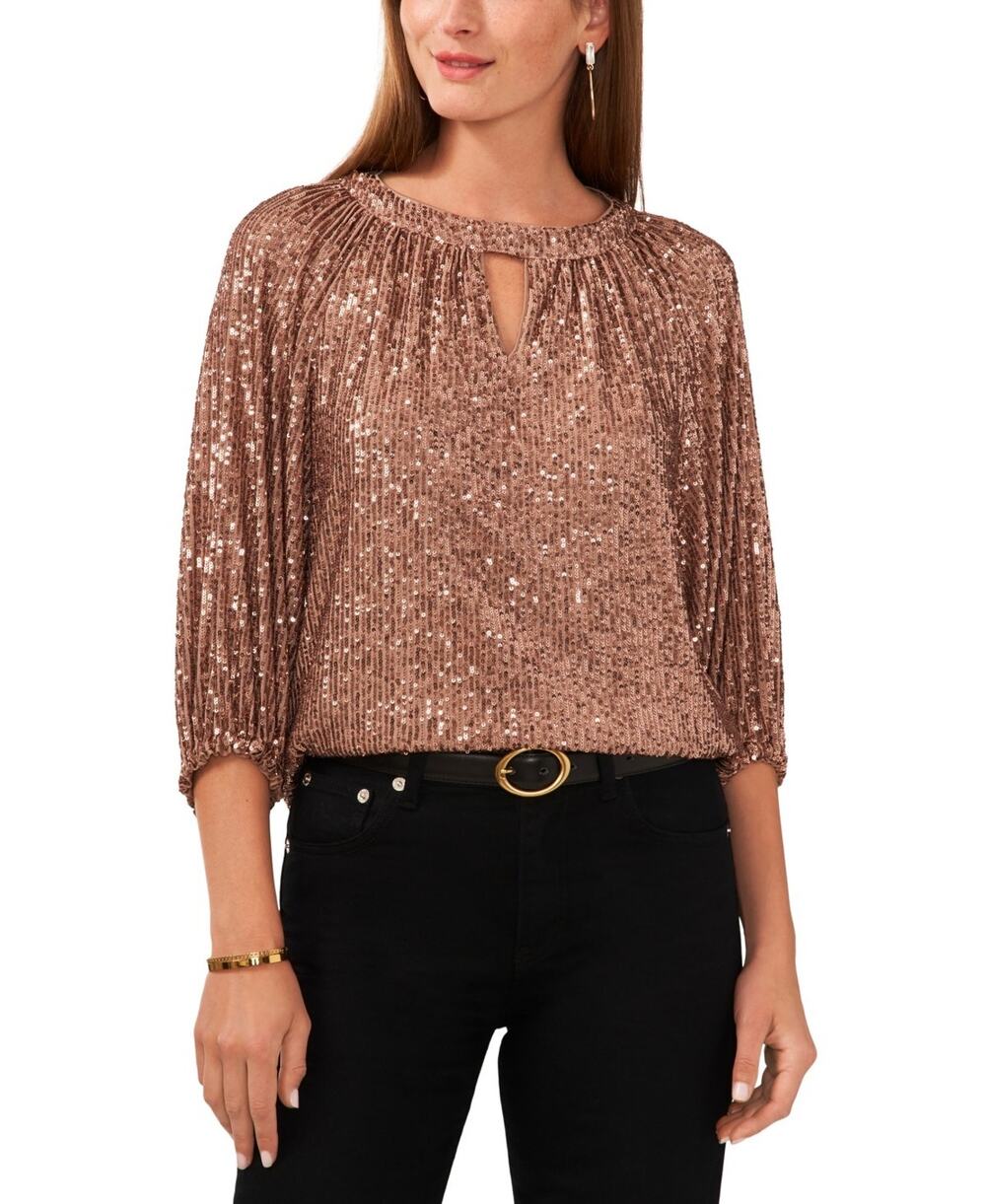 Vince Camuto Women Sequin Keyhole Detail Raglan Sleeve Top Foxtrot Size S 4122